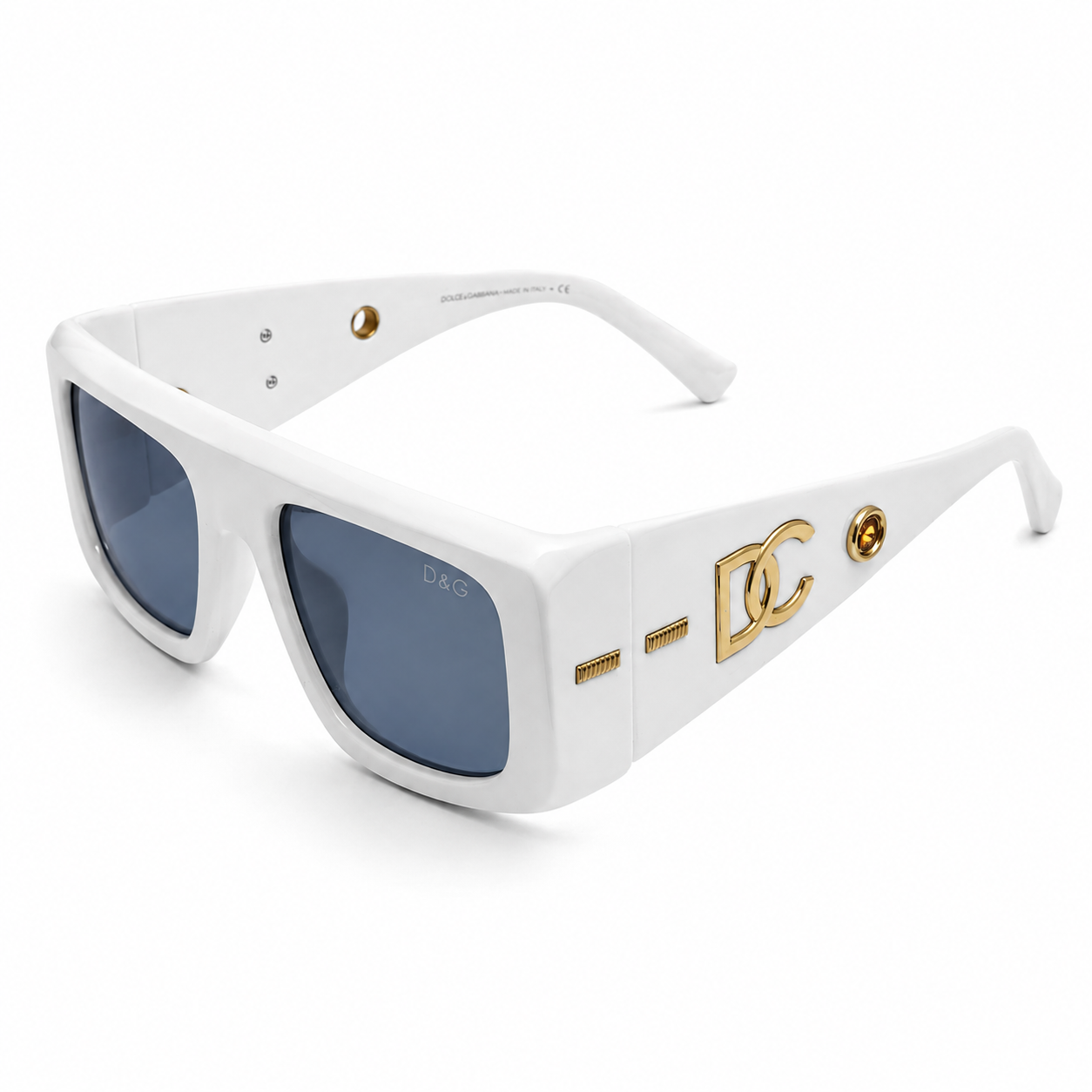Dolce & Gabbana 98088 Flat-Top Sunglasses for Men – Glossy White Acetate Frame, Gold DG Logo Detail, Solid Grey UV400 Protection Lenses – Luxury Designer Eyewear