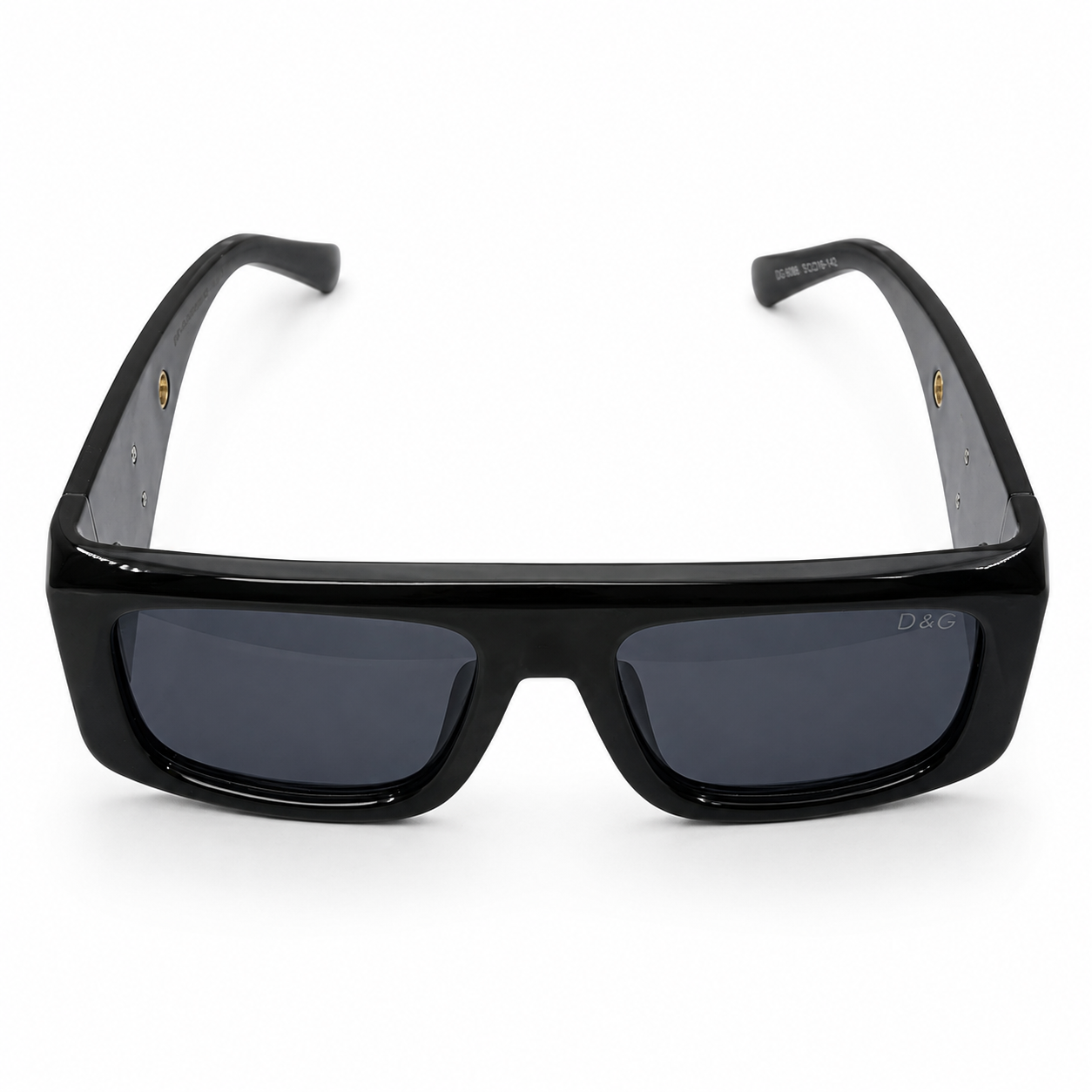 Dolce & Gabbana 98088 Flat-Top Sunglasses for Men – Glossy Black Acetate Frame, Gold DG Logo Detail, Solid Grey UV400 Protection Lenses – Luxury Designer Eyewear