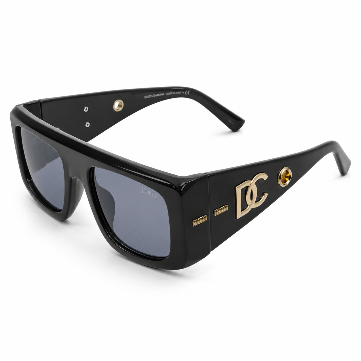 Dolce & Gabbana 98088 Flat-Top Sunglasses for Men – Glossy Black Acetate Frame, Gold DG Logo Detail, Solid Grey UV400 Protection Lenses – Luxury Designer Eyewear