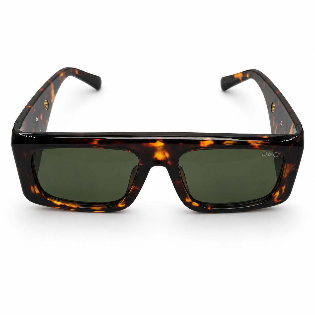 Dolce & Gabbana 98088 Flat-Top Sunglasses for Men – Tortoiseshell Acetate Frame, Gold DG Logo Detail, Solid Green UV400 Protection Lenses – Luxury Designer Eyewear