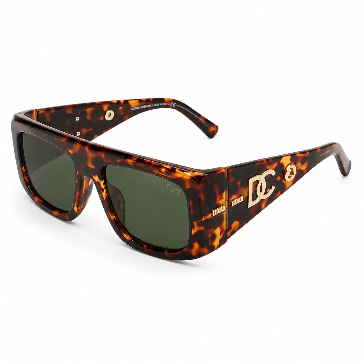Dolce & Gabbana 98088 Flat-Top Sunglasses for Men – Tortoiseshell Acetate Frame, Gold DG Logo Detail, Solid Green UV400 Protection Lenses – Luxury Designer Eyewear