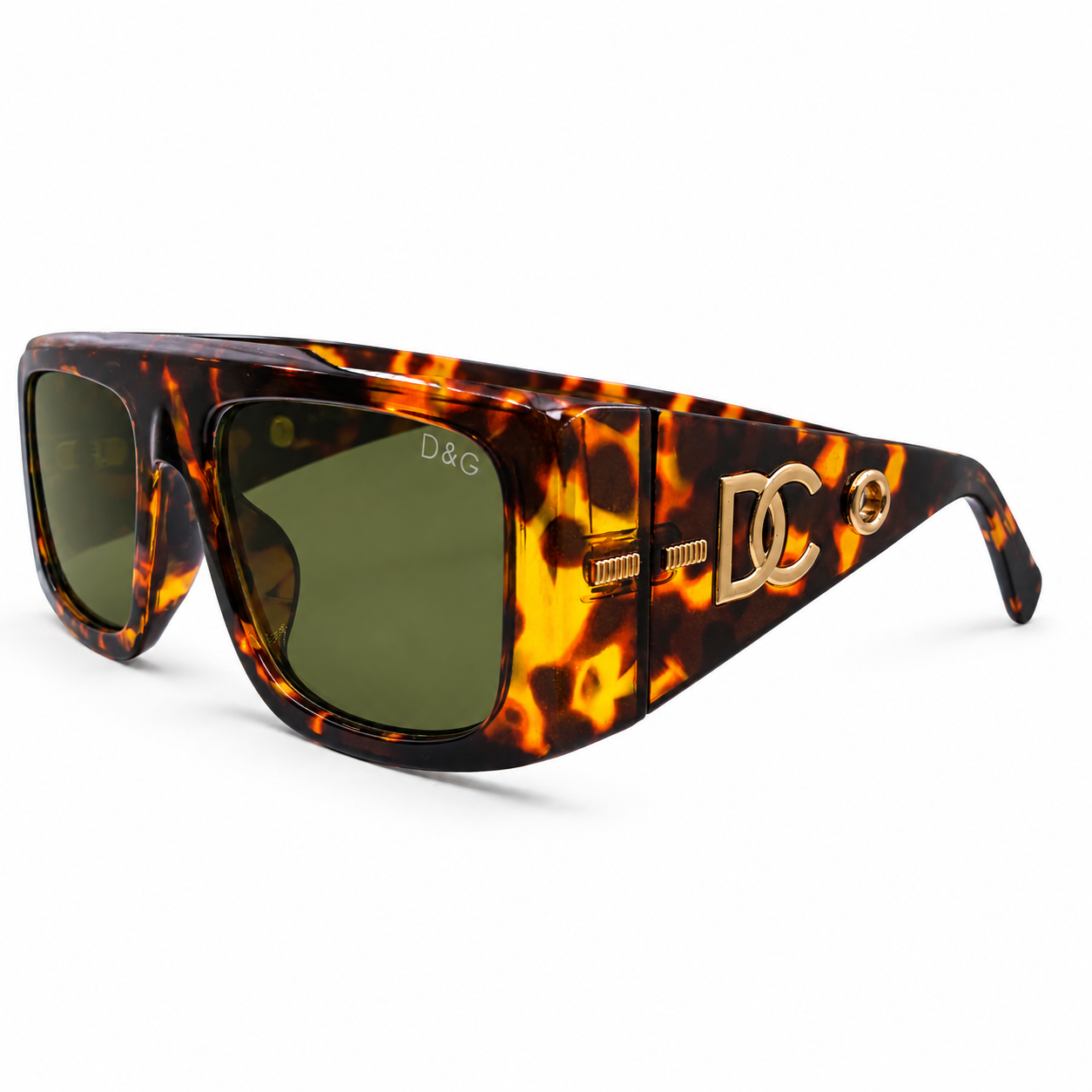 Dolce & Gabbana 98088 Flat-Top Sunglasses for Men – Tortoiseshell Acetate Frame, Gold DG Logo Detail, Solid Green UV400 Protection Lenses – Luxury Designer Eyewear