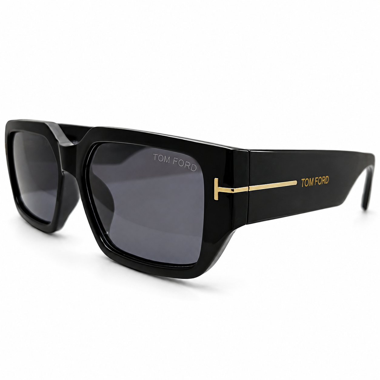 Tom Ford 98076 Geometric Rectangle Sunglasses for Men – Glossy Black Acetate Frame, Gold T Logo Detail, Solid Grey UV400 Protection Lenses – Luxury Designer Eyewear