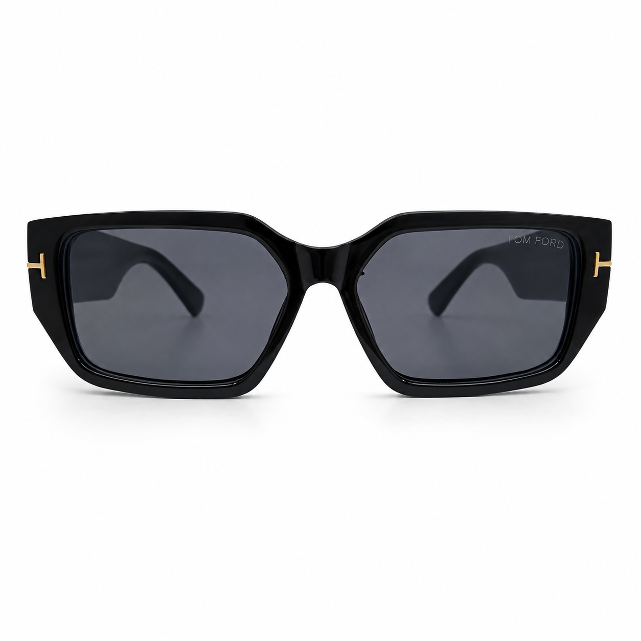 Tom Ford 98076 Geometric Rectangle Sunglasses for Men – Glossy Black Acetate Frame, Gold T Logo Detail, Solid Grey UV400 Protection Lenses – Luxury Designer Eyewear