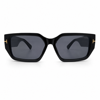 Tom Ford 98076 Geometric Rectangle Sunglasses for Men – Glossy Black Acetate Frame, Gold T Logo Detail, Solid Grey UV400 Protection Lenses – Luxury Designer Eyewear