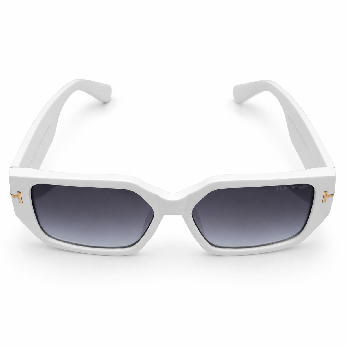 Tom Ford 98076 Geometric Rectangle Sunglasses for Men – Glossy White Acetate Frame, Gold T Logo Detail, Grey Gradient UV400 Protection Lenses – Luxury Designer Eyewear