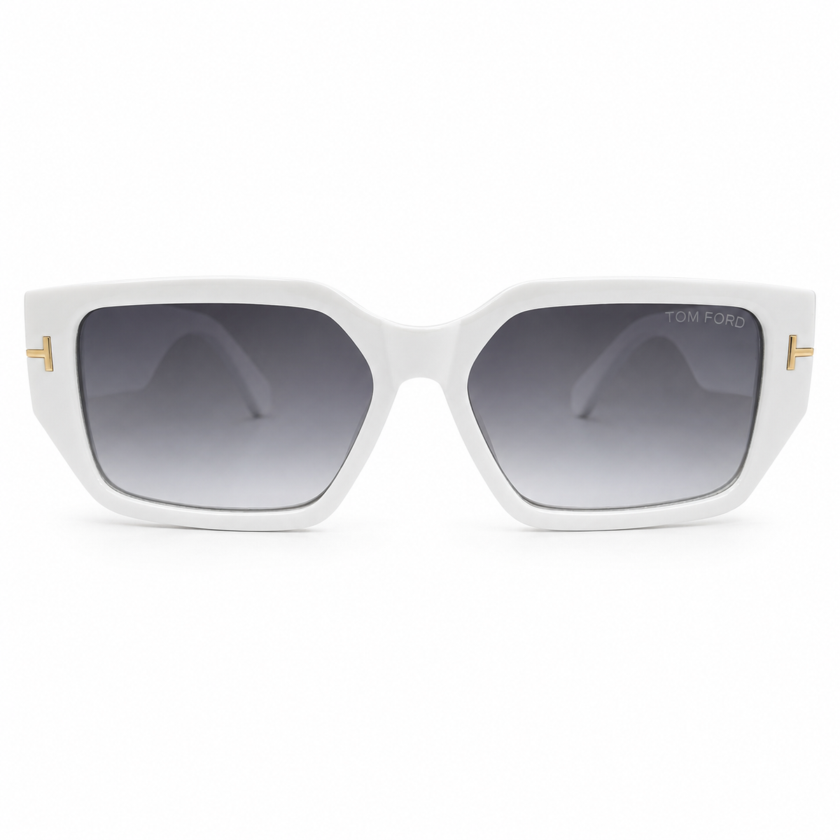 Tom Ford 98076 Geometric Rectangle Sunglasses for Men – Glossy White Acetate Frame, Gold T Logo Detail, Grey Gradient UV400 Protection Lenses – Luxury Designer Eyewear