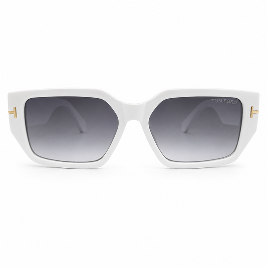 Tom Ford 98076 Geometric Rectangle Sunglasses for Men – Glossy White Acetate Frame, Gold T Logo Detail, Grey Gradient UV400 Protection Lenses – Luxury Designer Eyewear