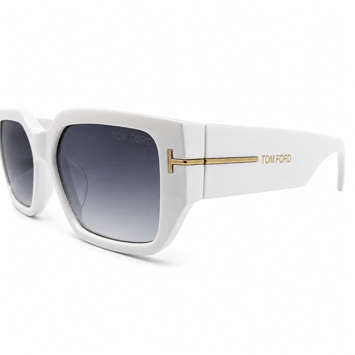 Tom Ford 98076 Geometric Rectangle Sunglasses for Men – Glossy White Acetate Frame, Gold T Logo Detail, Grey Gradient UV400 Protection Lenses – Luxury Designer Eyewear