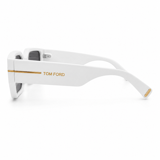 Tom Ford 98076 Geometric Rectangle Sunglasses for Men – Glossy White Acetate Frame, Gold T Logo Detail, Grey Gradient UV400 Protection Lenses – Luxury Designer Eyewear