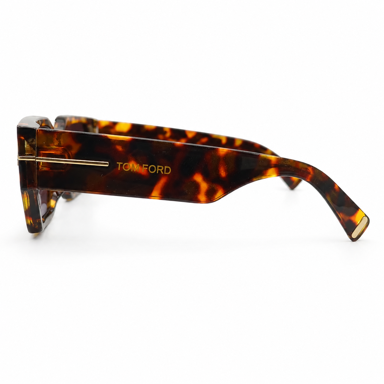 Tom Ford 98076 Geometric Rectangle Sunglasses for Men – Tortoiseshell Acetate Frame, Gold T Logo Detail, Solid Brown UV400 Protection Lenses – Luxury Designer Eyewear