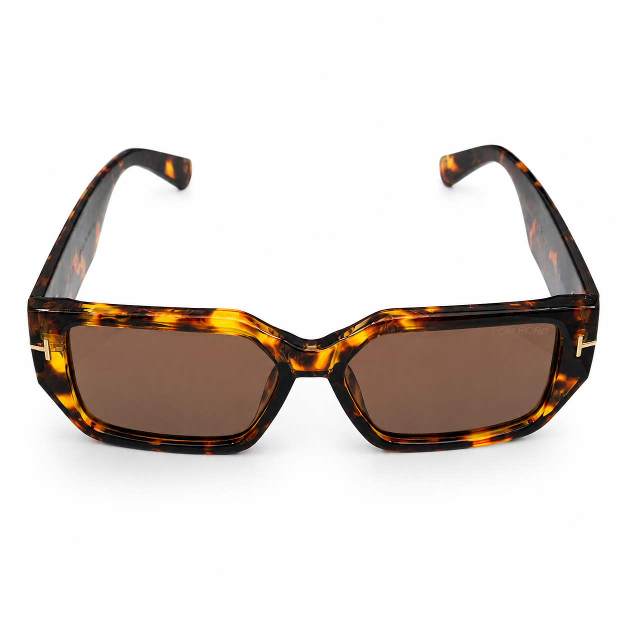 Tom Ford 98076 Geometric Rectangle Sunglasses for Men – Tortoiseshell Acetate Frame, Gold T Logo Detail, Solid Brown UV400 Protection Lenses – Luxury Designer Eyewear