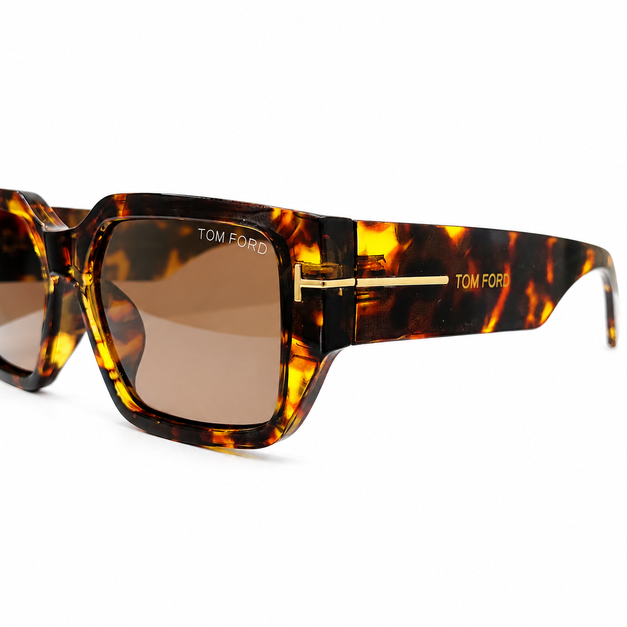 Tom Ford 98076 Geometric Rectangle Sunglasses for Men – Tortoiseshell Acetate Frame, Gold T Logo Detail, Solid Brown UV400 Protection Lenses – Luxury Designer Eyewear