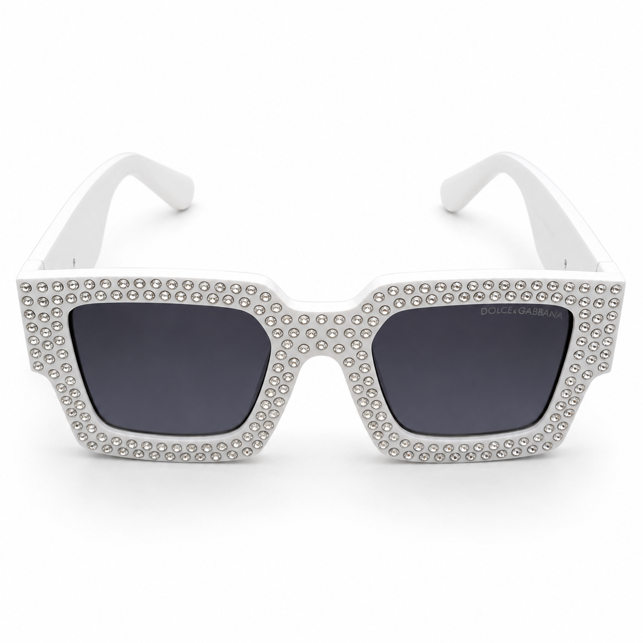 Dolce & Gabbana 98014 Square Sunglasses – White Acetate Frame with Crystal Embellishment, Gold DG Logo Detail, Grey Gradient UV400 Protection Lenses