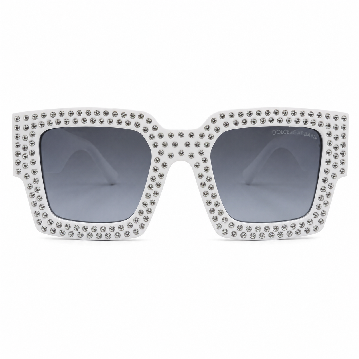 Dolce & Gabbana 98014 Square Sunglasses – White Acetate Frame with Crystal Embellishment, Gold DG Logo Detail, Grey Gradient UV400 Protection Lenses