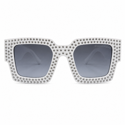 Dolce & Gabbana 98014 Square Sunglasses – White Acetate Frame with Crystal Embellishment, Gold DG Logo Detail, Grey Gradient UV400 Protection Lenses