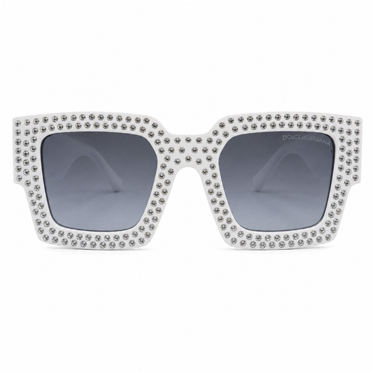 Dolce & Gabbana 98014 Square Sunglasses – White Acetate Frame with Crystal Embellishment, Gold DG Logo Detail, Grey Gradient UV400 Protection Lenses