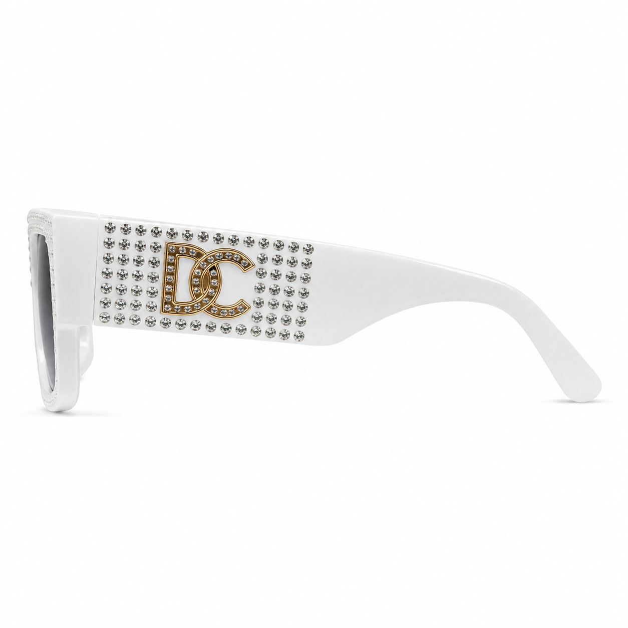 Dolce & Gabbana 98014 Square Sunglasses – White Acetate Frame with Crystal Embellishment, Gold DG Logo Detail, Grey Gradient UV400 Protection Lenses