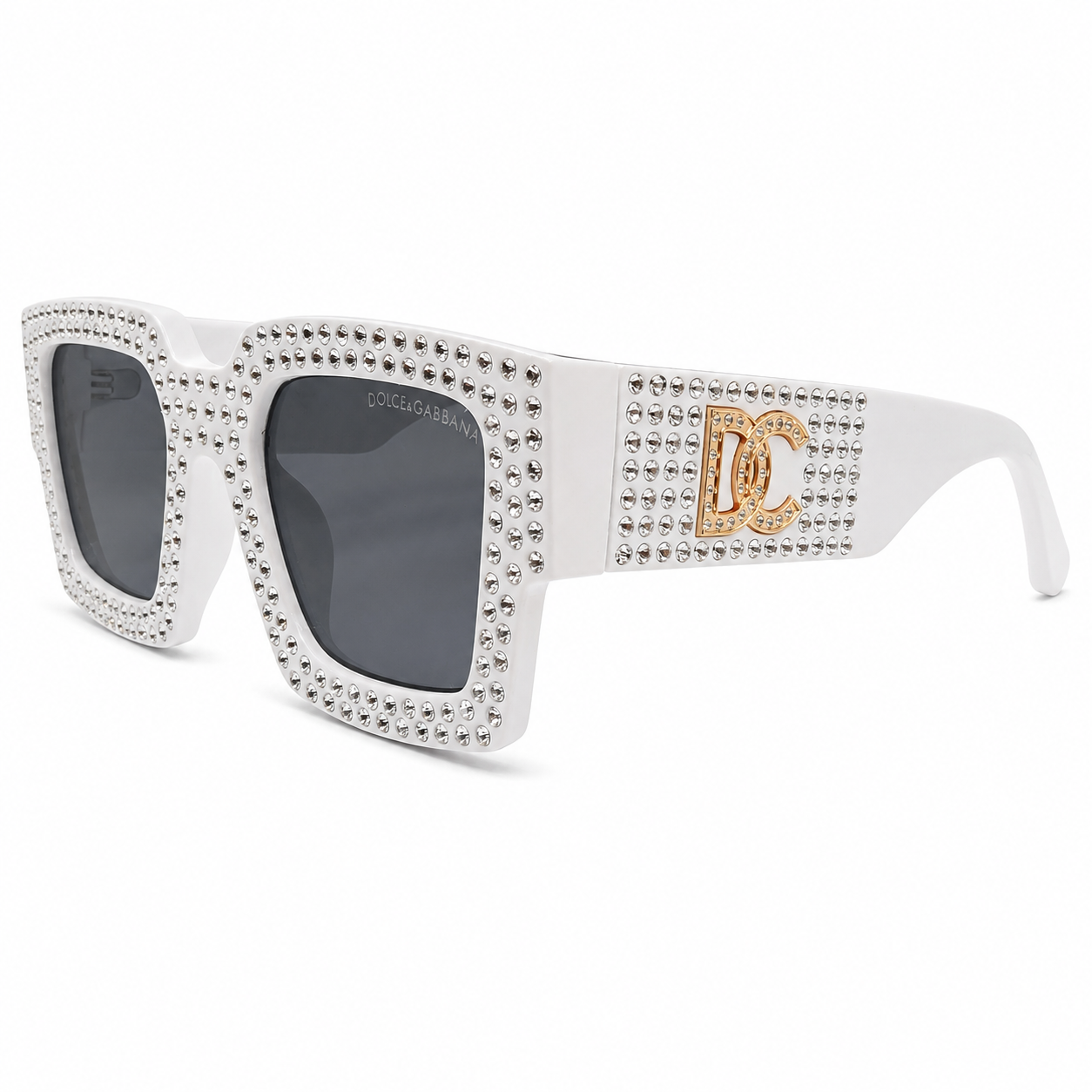 Dolce & Gabbana 98014 Square Sunglasses – White Acetate Frame with Crystal Embellishment, Gold DG Logo Detail, Grey Gradient UV400 Protection Lenses