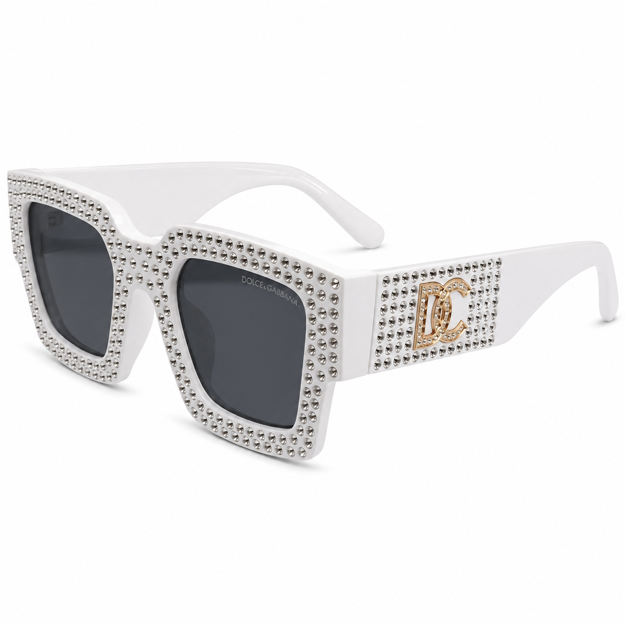 Dolce & Gabbana 98014 Square Sunglasses – White Acetate Frame with Crystal Embellishment, Gold DG Logo Detail, Grey Gradient UV400 Protection Lenses