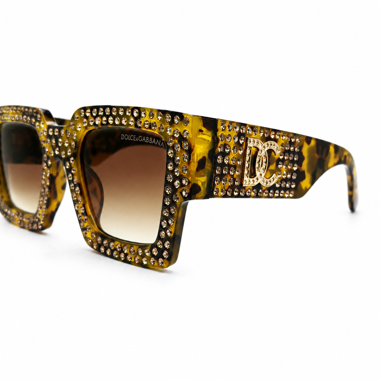 Dolce & Gabbana 98014 Square Sunglasses – Tortoiseshell Acetate Frame with Crystal Embellishment, Gold DG Logo Detail, Brown Gradient UV400 Protection Lenses