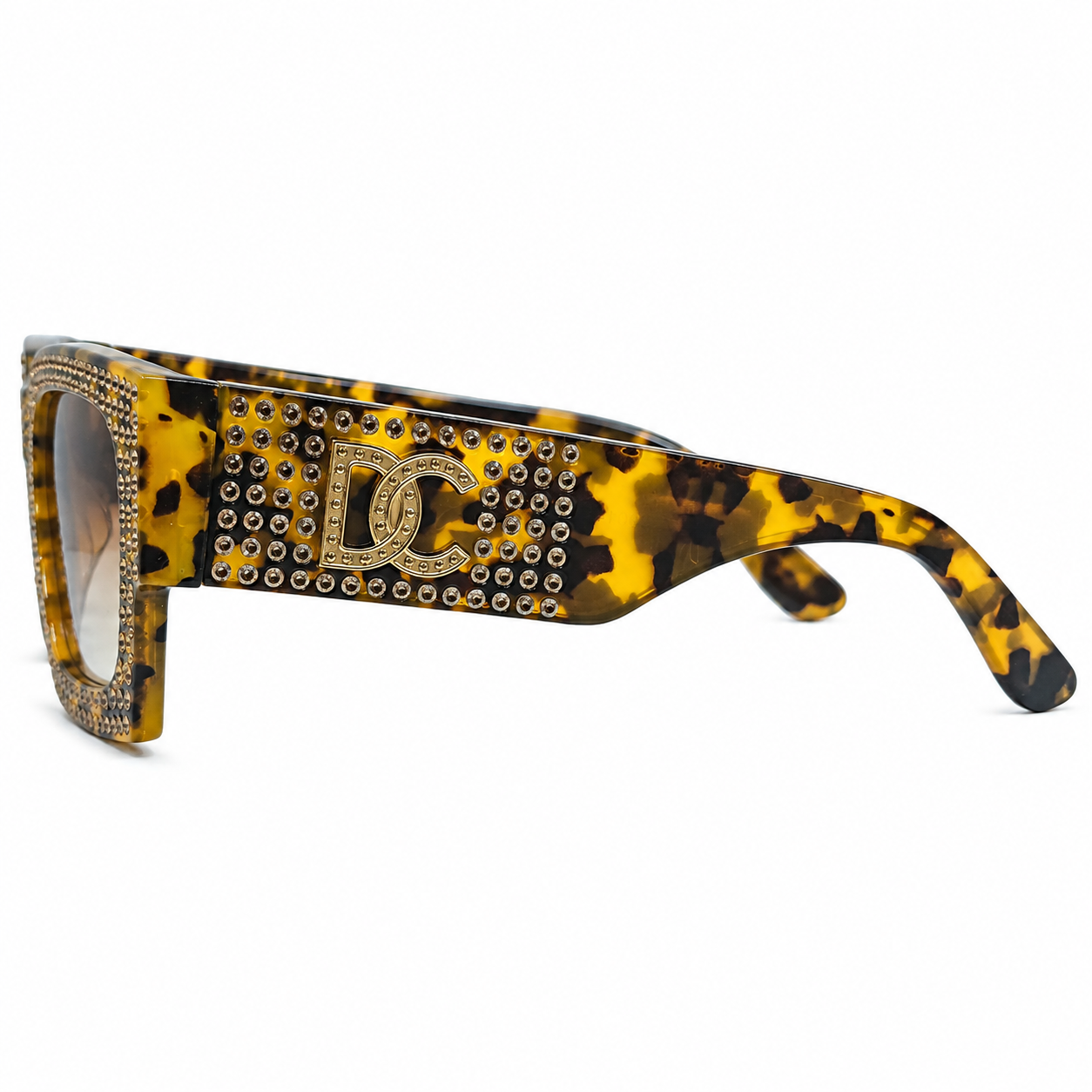 Dolce & Gabbana 98014 Square Sunglasses – Tortoiseshell Acetate Frame with Crystal Embellishment, Gold DG Logo Detail, Brown Gradient UV400 Protection Lenses