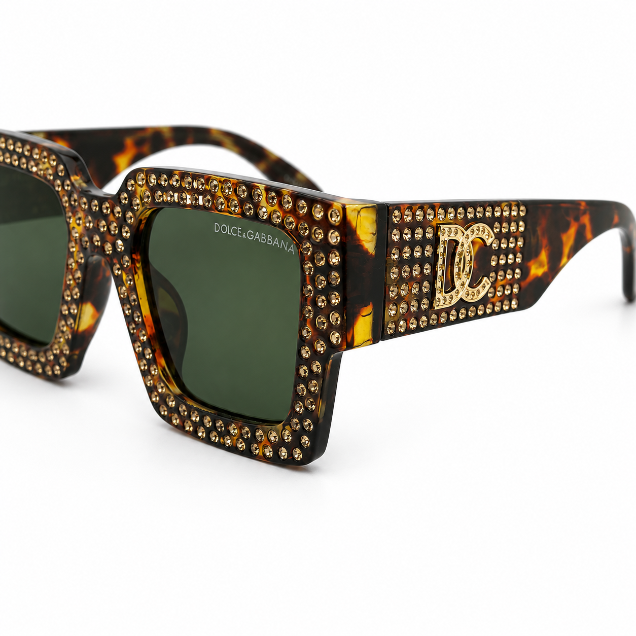 Dolce & Gabbana 98014 Square Sunglasses – Tortoiseshell Acetate Frame with Crystal Embellishment, Gold DG Logo Detail, Solid Green UV400 Protection Lenses