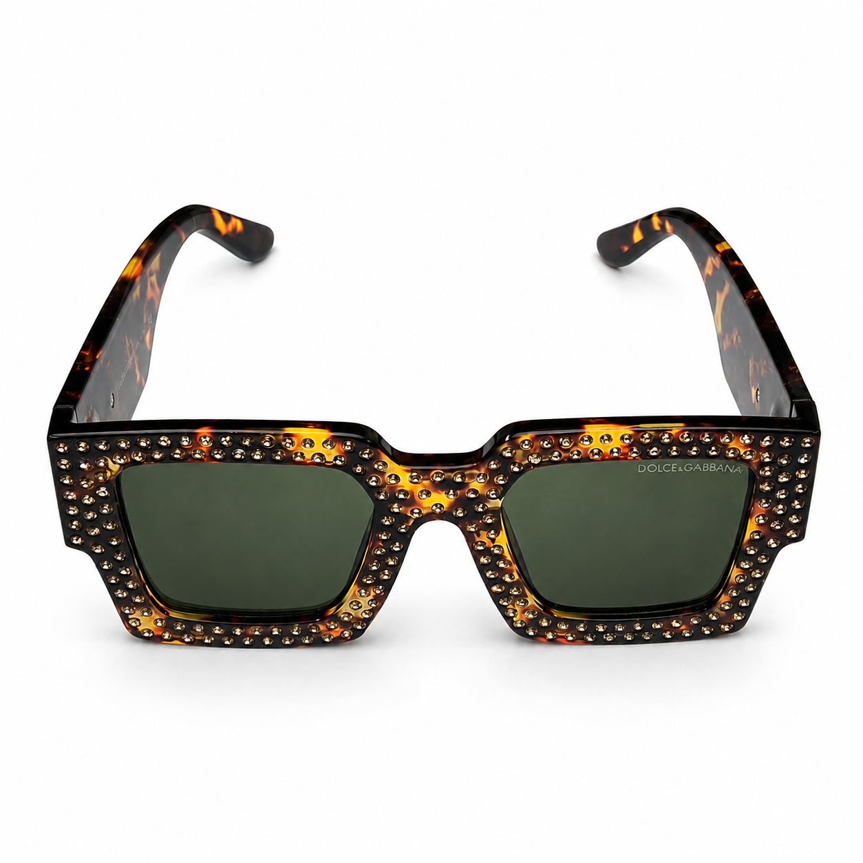Dolce & Gabbana 98014 Square Sunglasses – Tortoiseshell Acetate Frame with Crystal Embellishment, Gold DG Logo Detail, Solid Green UV400 Protection Lenses