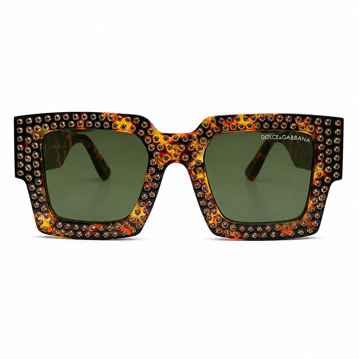 Dolce & Gabbana 98014 Square Sunglasses – Tortoiseshell Acetate Frame with Crystal Embellishment, Gold DG Logo Detail, Solid Green UV400 Protection Lenses
