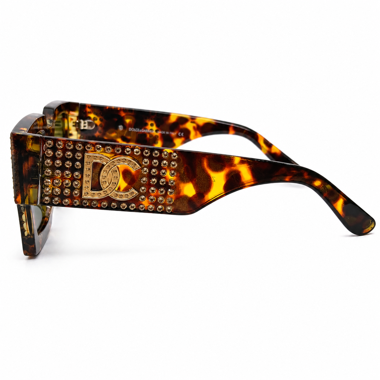 Dolce & Gabbana 98014 Square Sunglasses – Tortoiseshell Acetate Frame with Crystal Embellishment, Gold DG Logo Detail, Solid Green UV400 Protection Lenses