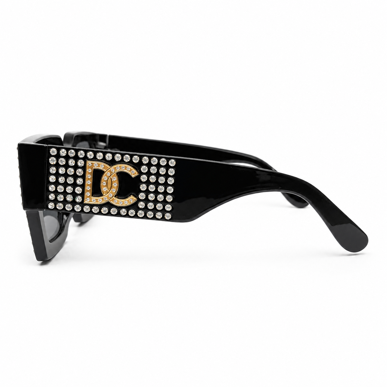 Dolce & Gabbana 98014 Square Sunglasses – Black Acetate Frame with Crystal Embellishment, Gold DG Logo Detail, Solid Grey UV400 Protection Lenses