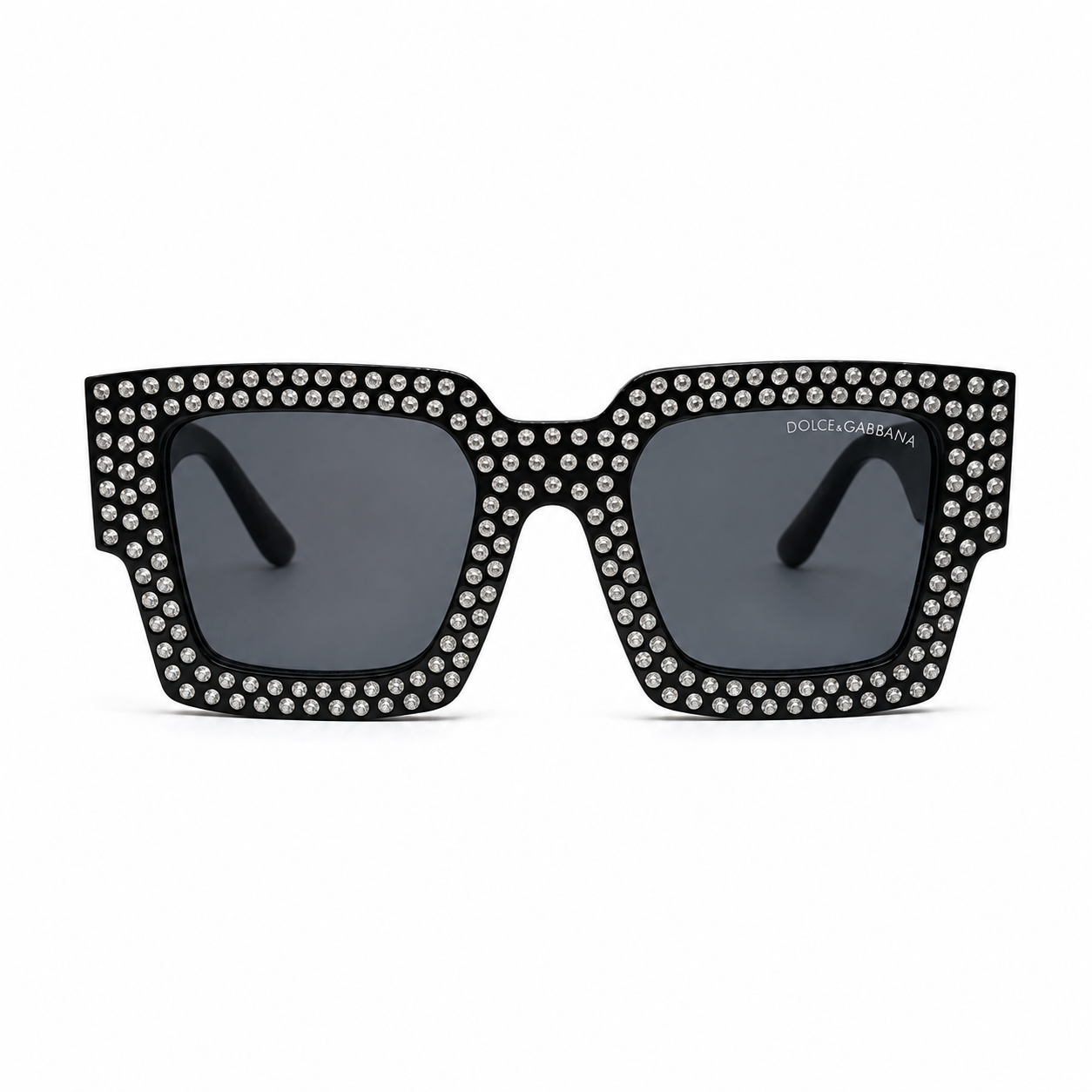 Dolce & Gabbana 98014 Square Sunglasses – Black Acetate Frame with Crystal Embellishment, Gold DG Logo Detail, Solid Grey UV400 Protection Lenses