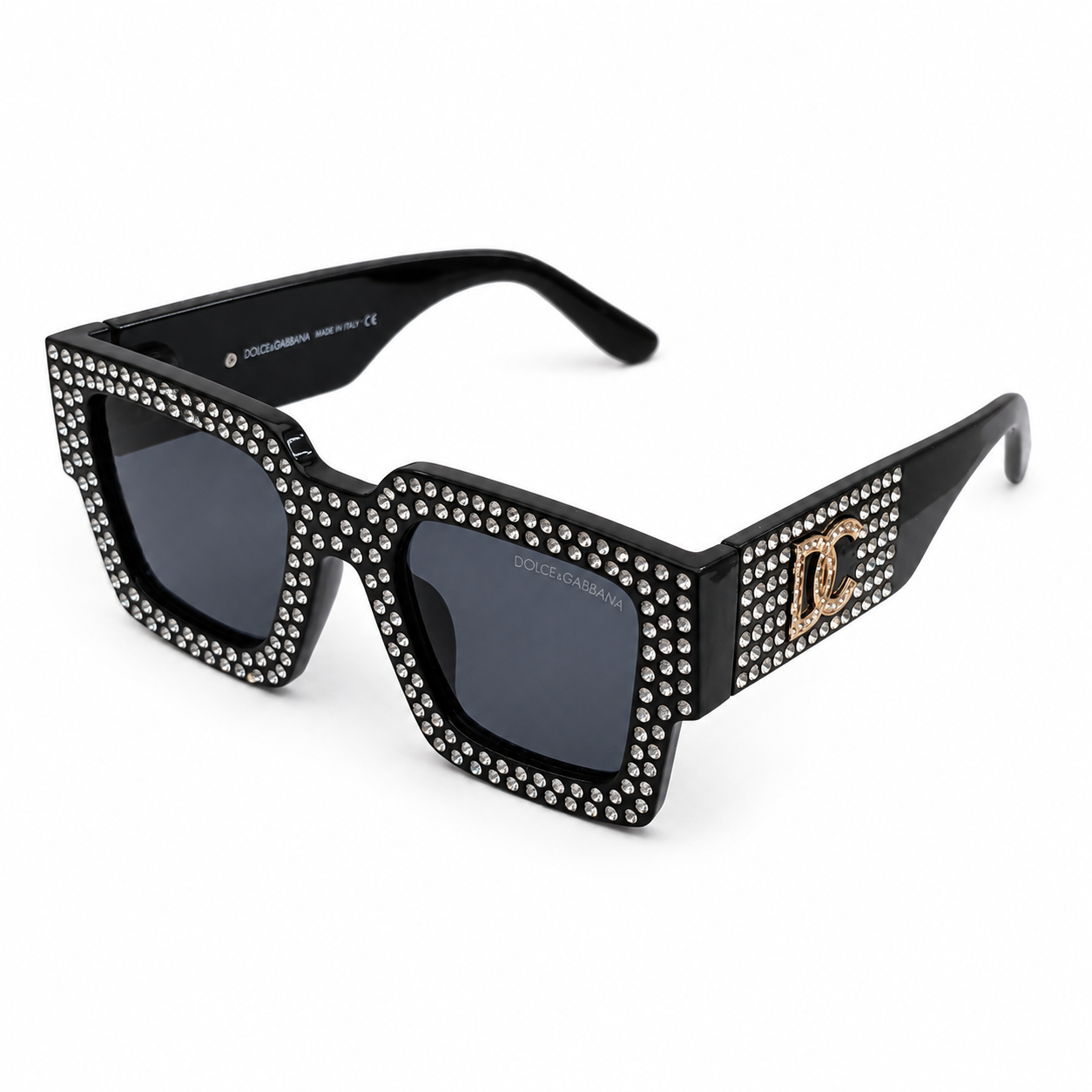 Dolce & Gabbana 98014 Square Sunglasses – Black Acetate Frame with Crystal Embellishment, Gold DG Logo Detail, Solid Grey UV400 Protection Lenses