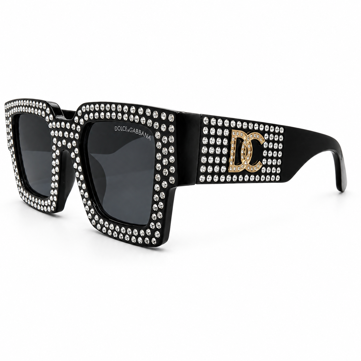 Dolce & Gabbana 98014 Square Sunglasses – Black Acetate Frame with Crystal Embellishment, Gold DG Logo Detail, Solid Grey UV400 Protection Lenses