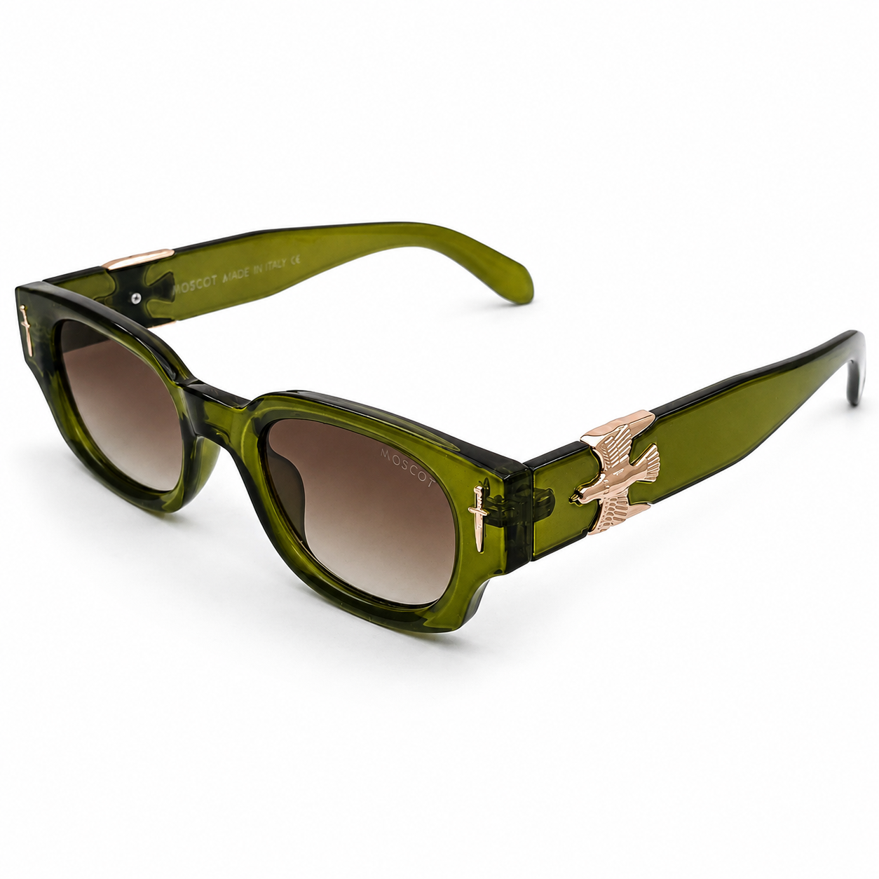 Moscot 135 Square Sunglasses for Men – Transparent Olive Green Acetate Frame, Gold Eagle Hardware, Brown Gradient UV400 Protection Lenses – Luxury Designer Eyewear