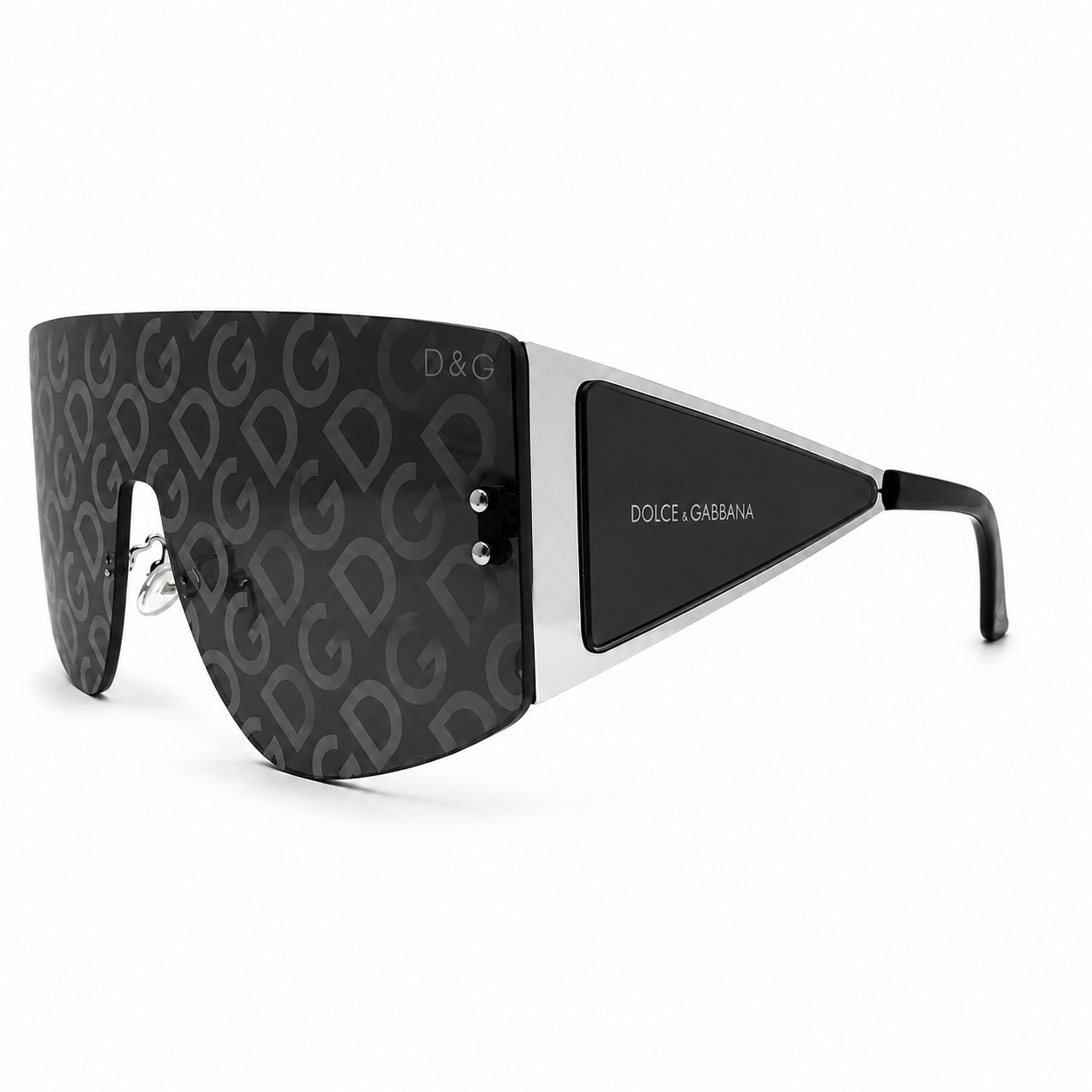 Dolce & Gabbana 98231 Shield Sunglasses – Black & Silver Metal Frame, Rimless Design, DG Monogram Print Lenses with UV400 Protection – Luxury Designer Eyewear