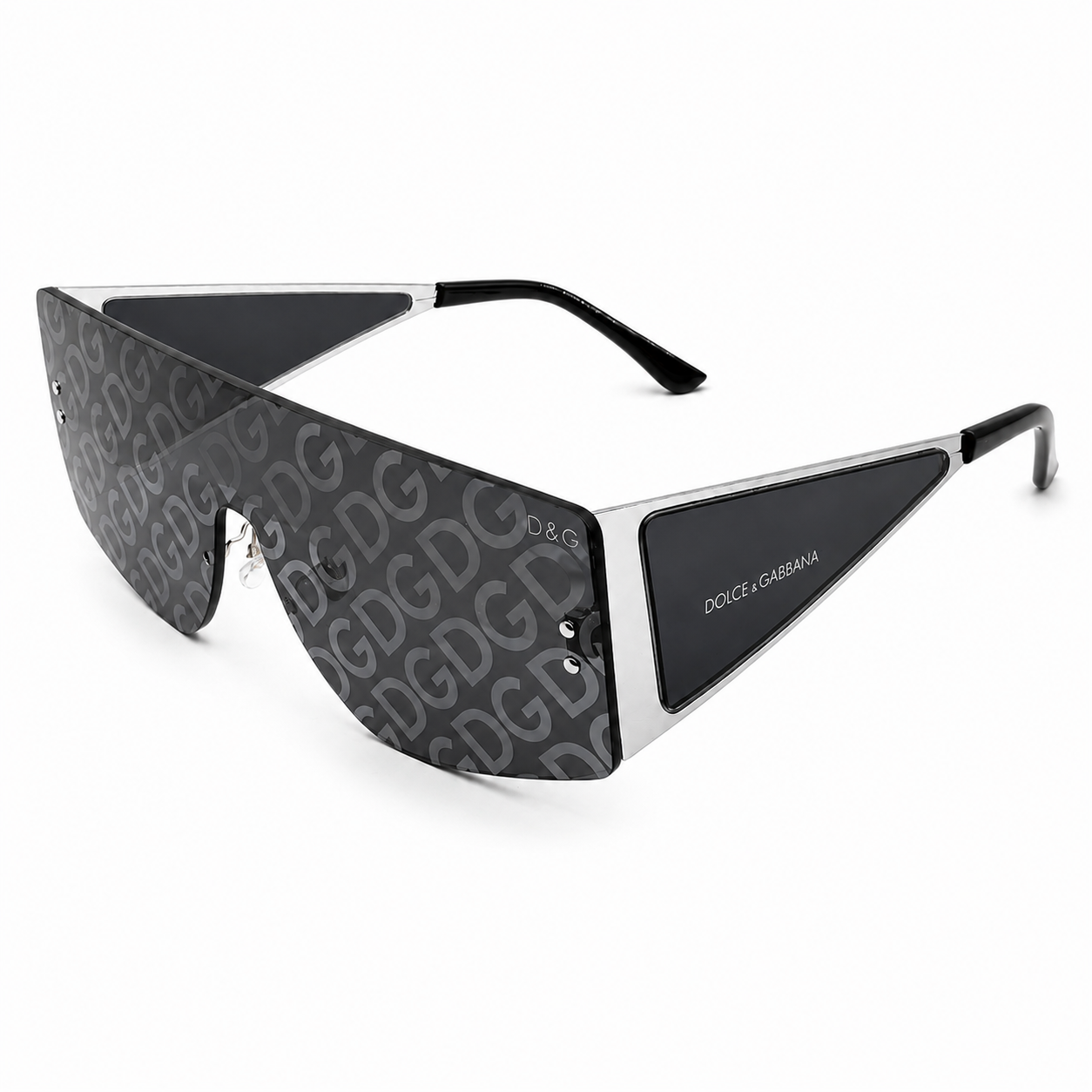 Dolce & Gabbana 98231 Shield Sunglasses – Black & Silver Metal Frame, Rimless Design, DG Monogram Print Lenses with UV400 Protection – Luxury Designer Eyewear