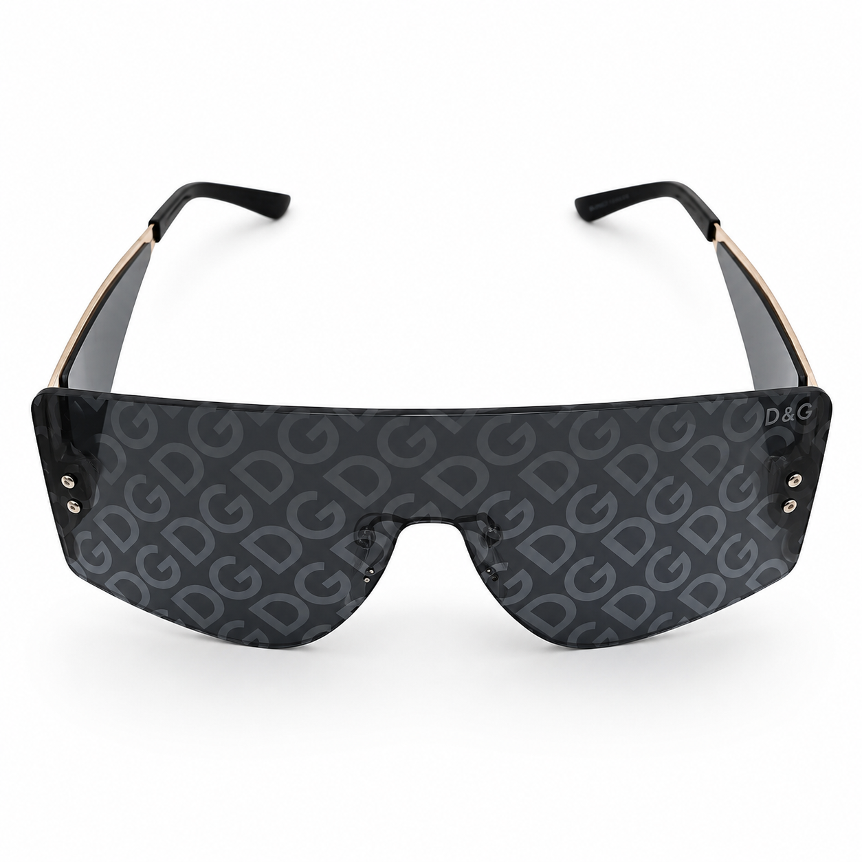 Dolce & Gabbana 98231 Shield Sunglasses – Black & Silver Metal Frame, Rimless Design, DG Monogram Print Lenses with UV400 Protection – Luxury Designer Eyewear