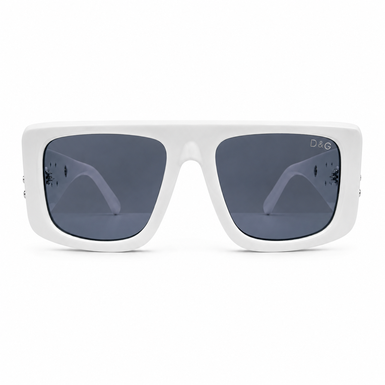 Dolce & Gabbana 98088 Flat-Top Sunglasses for Men – Glossy White Acetate Frame, Gold DG Logo Detail, Solid Grey UV400 Protection Lenses – Luxury Designer Eyewear