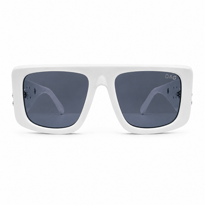 Dolce & Gabbana 98088 Flat-Top Sunglasses for Men – Glossy White Acetate Frame, Gold DG Logo Detail, Solid Grey UV400 Protection Lenses – Luxury Designer Eyewear