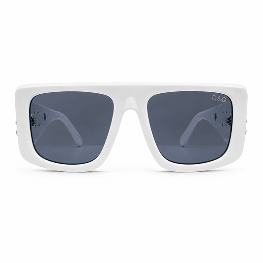 Dolce & Gabbana 98088 Flat-Top Sunglasses for Men – Glossy White Acetate Frame, Gold DG Logo Detail, Solid Grey UV400 Protection Lenses – Luxury Designer Eyewear