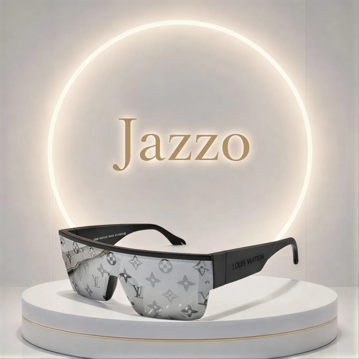 Jazzo Brand LV Pattern Silver Mirror Lens Sunglasses for Men with Black Frame on Display Stand