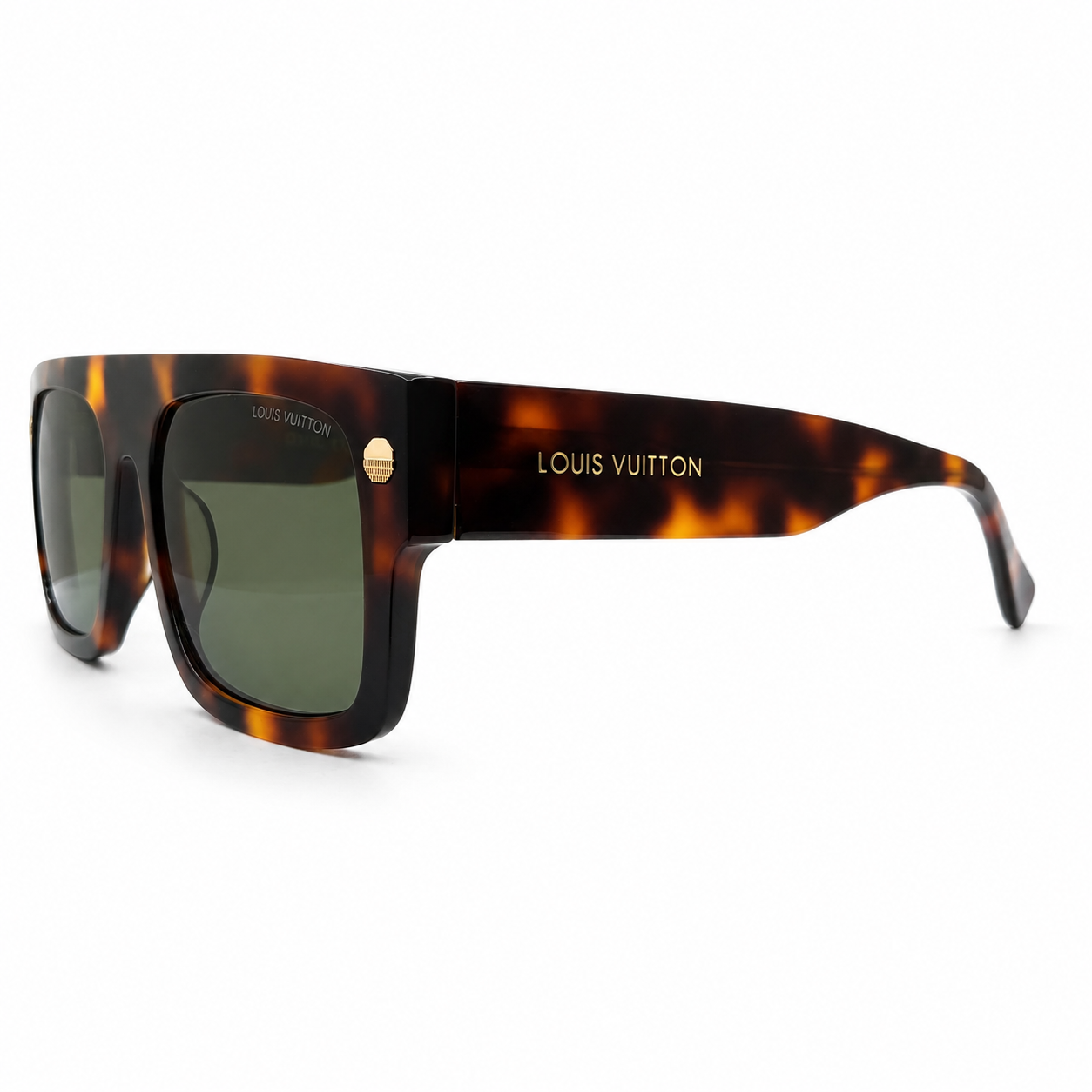 Louis Vuitton 1953 Luxury Flat Top Sunglasses – Havana Tortoise Acetate with Gold LV Rivet Detail & Dark Green UV Protection Lenses