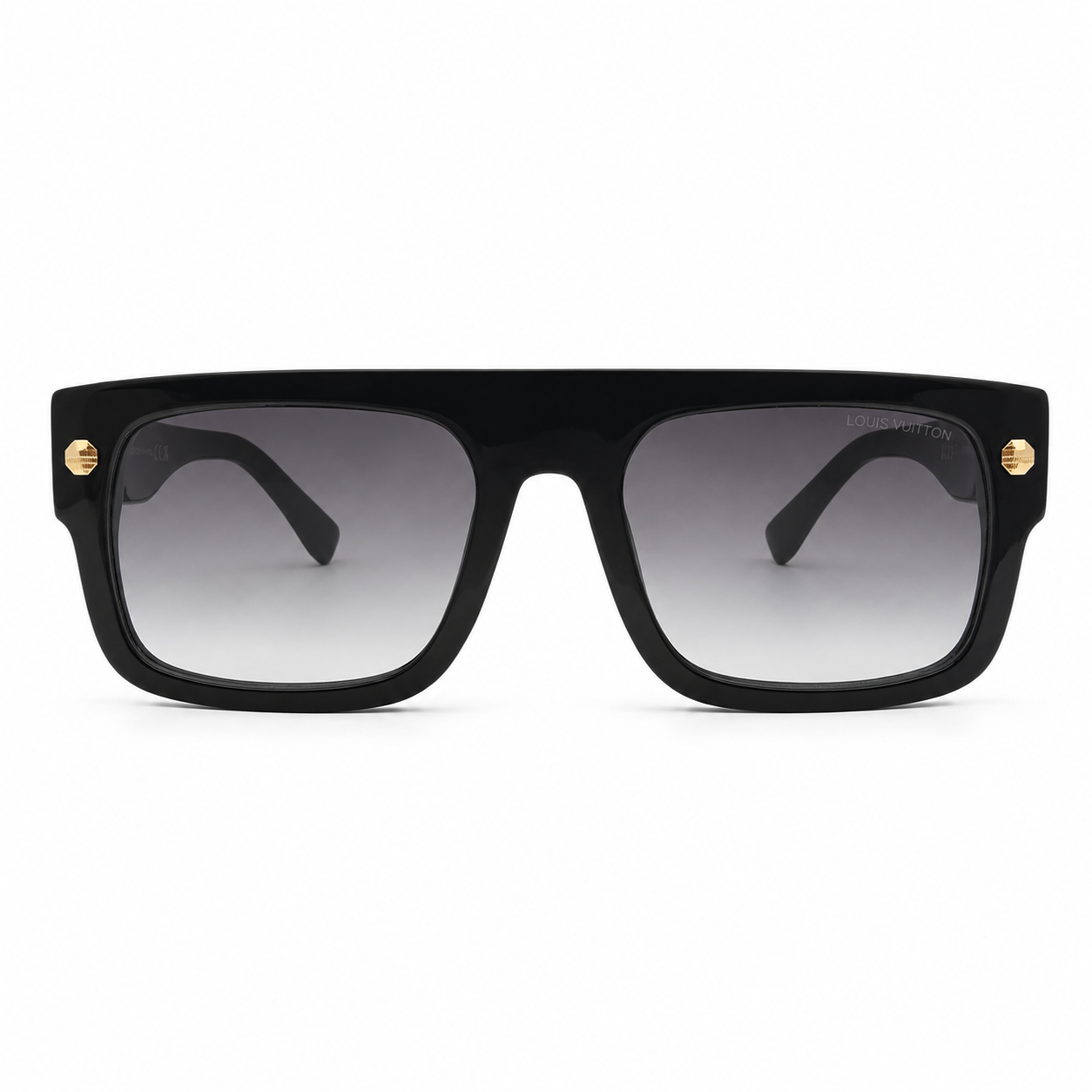Louis Vuitton LV 1953 Luxury Flat-Top Square Sunglasses – Glossy Black Acetate with Gold LV Screw Detail & Grey Gradient UV Lenses