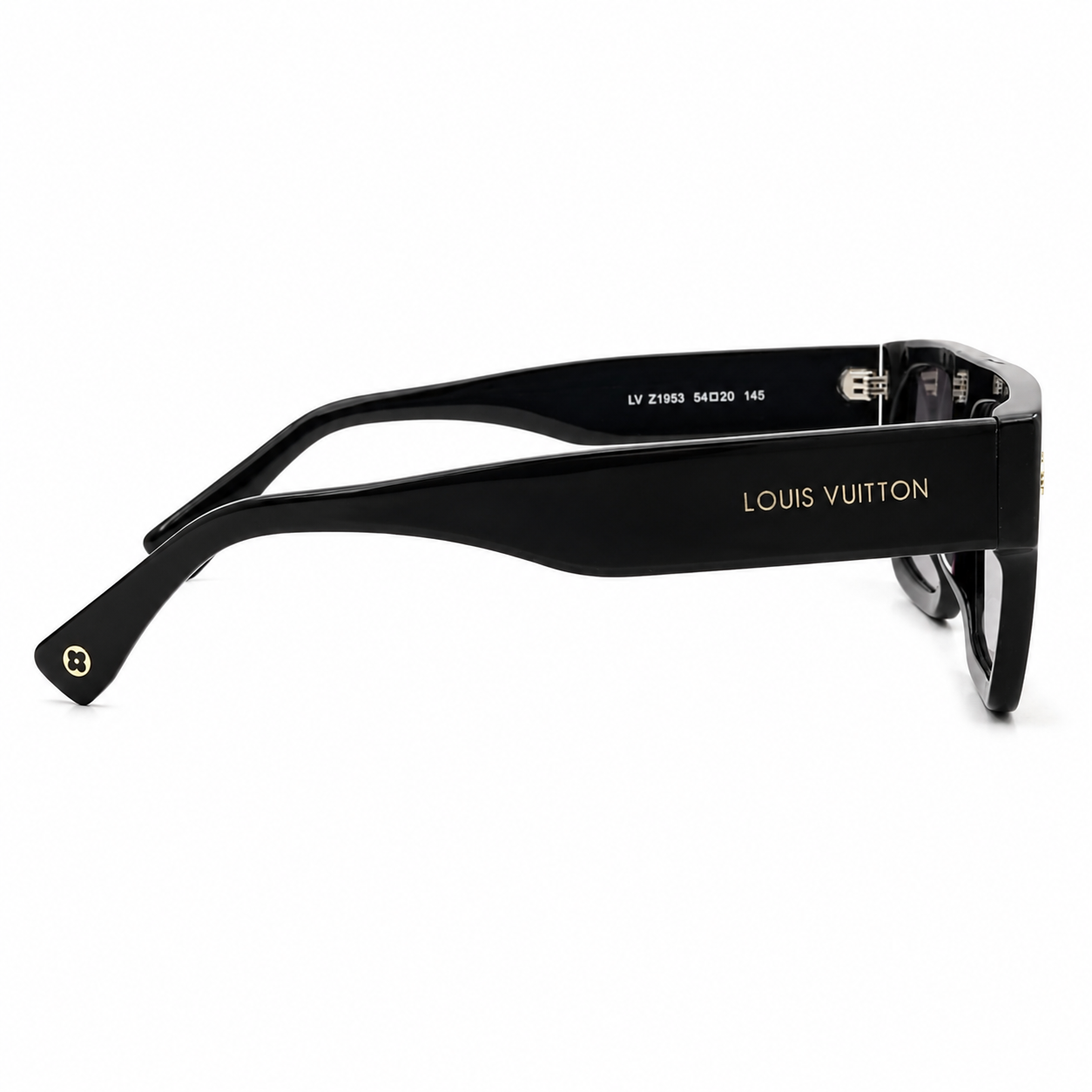 Louis Vuitton LV 1953 Luxury Flat-Top Square Sunglasses – Glossy Black Acetate with Gold LV Screw Detail & Grey Gradient UV Lenses