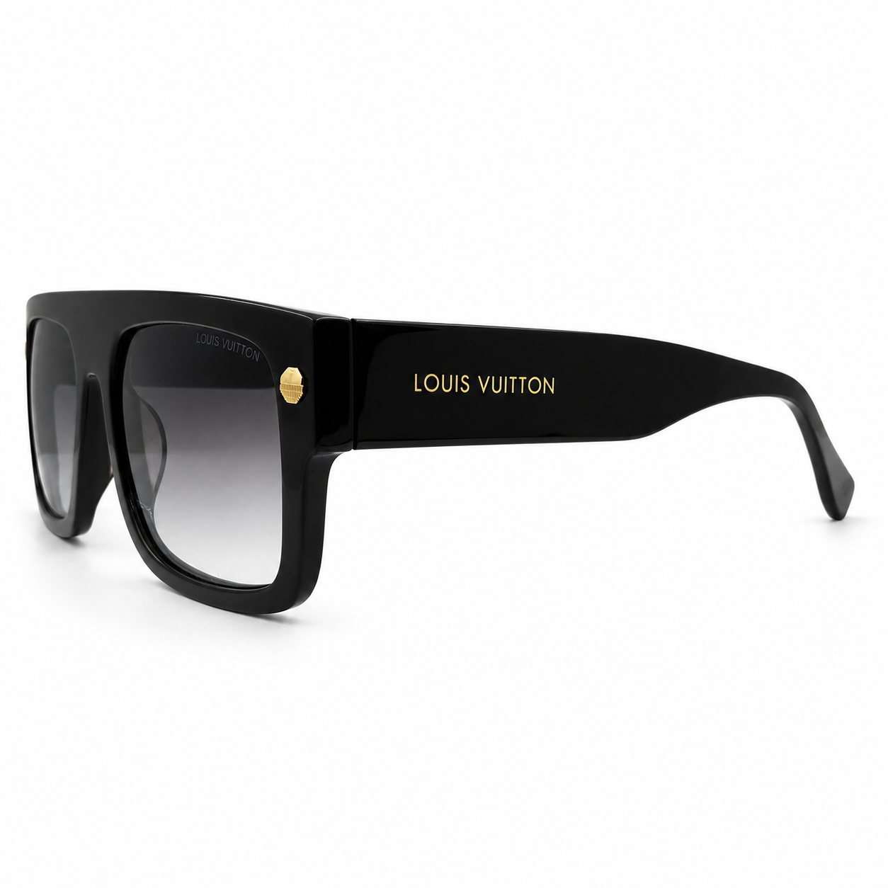 Louis Vuitton LV 1953 Luxury Flat-Top Square Sunglasses – Glossy Black Acetate with Gold LV Screw Detail & Grey Gradient UV Lenses