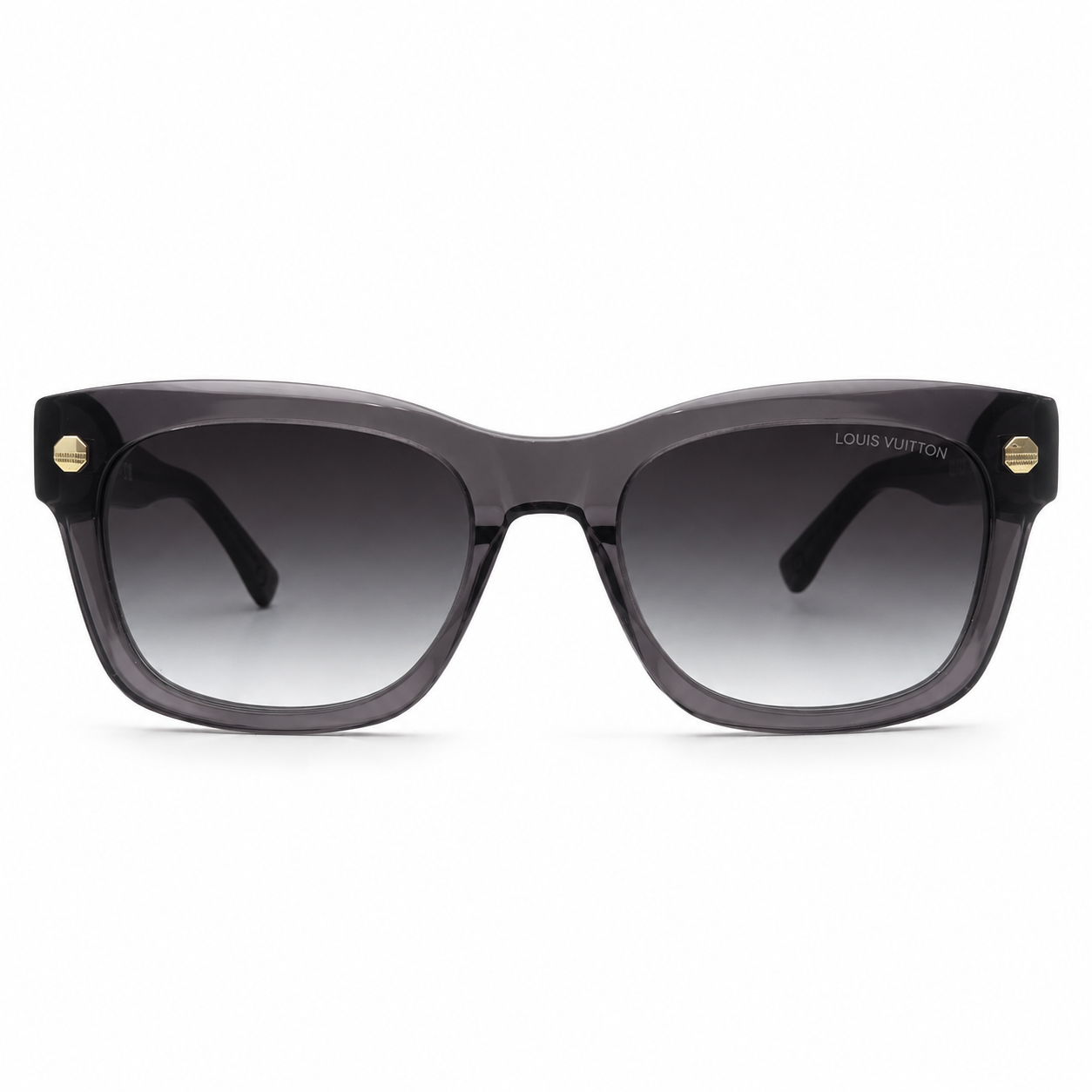 Louis Vuitton 1961 Luxury Square Sunglasses – Transparent Grey Acetate with Gold LV Rivet Detail & Grey Gradient UV Protection Lenses