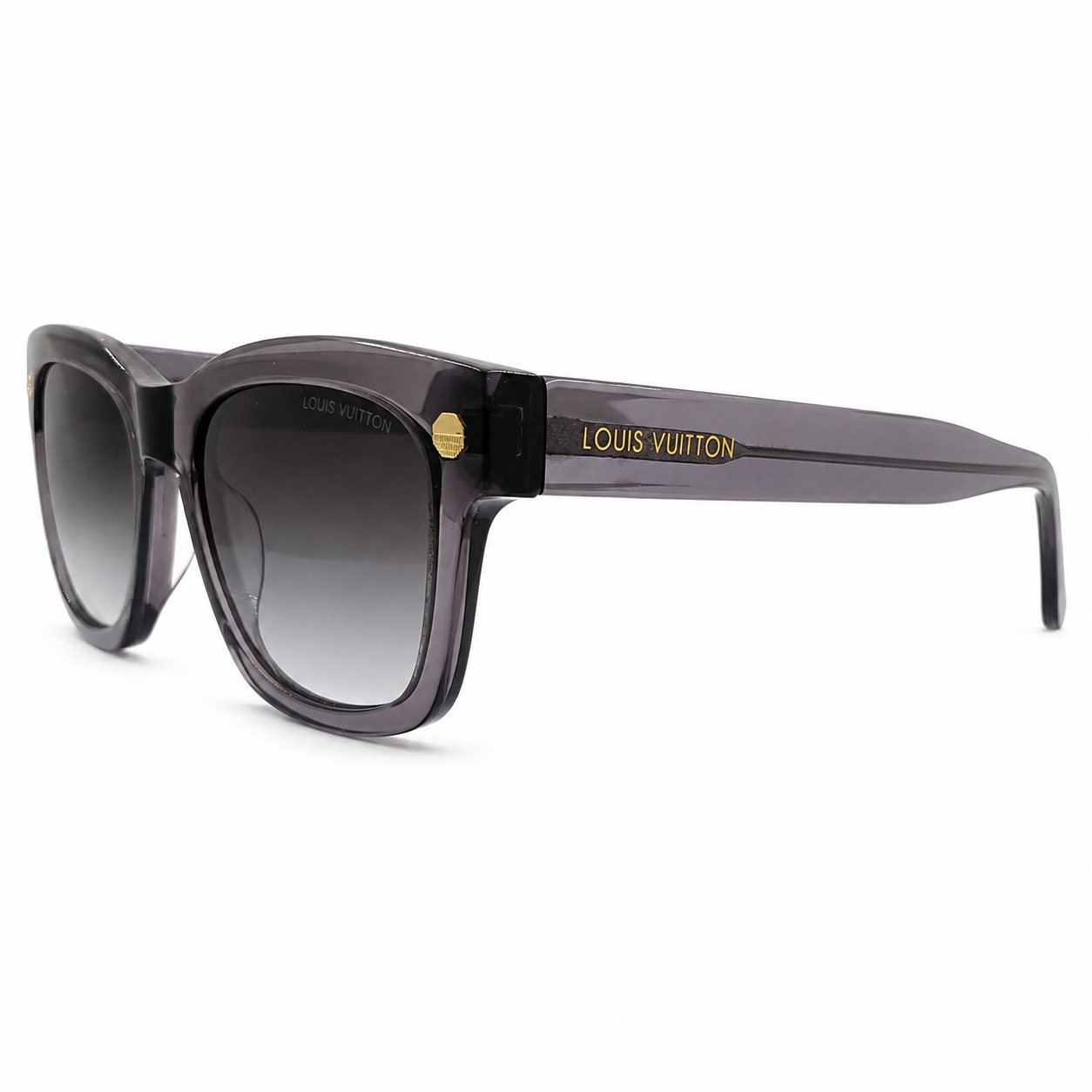 Louis Vuitton 1961 Luxury Square Sunglasses – Transparent Grey Acetate with Gold LV Rivet Detail & Grey Gradient UV Protection Lenses