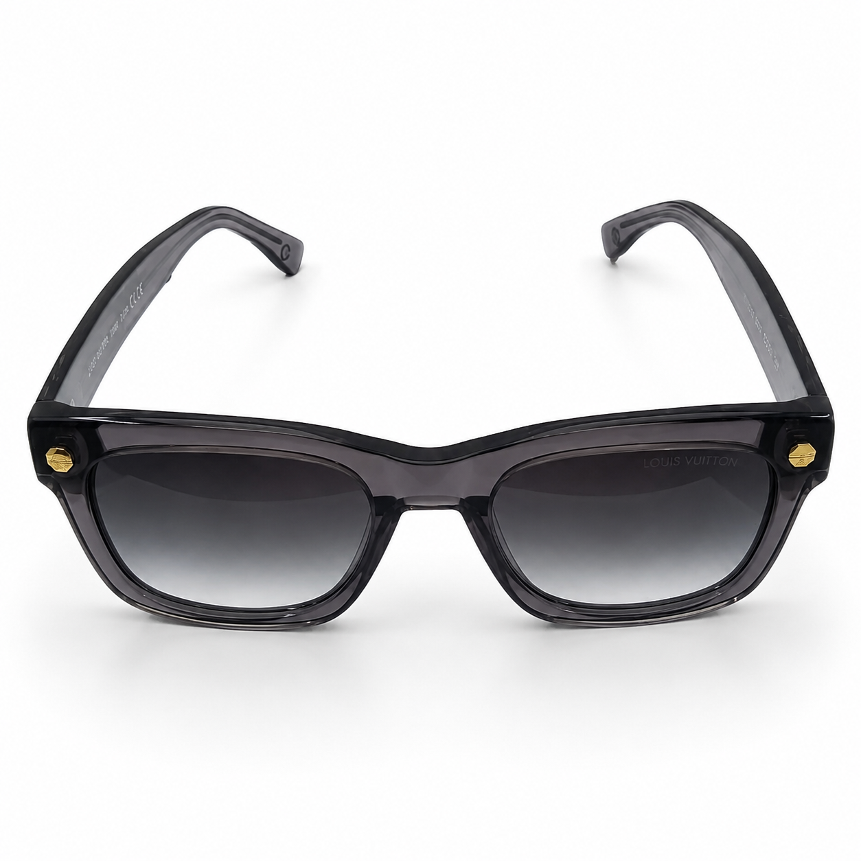 Louis Vuitton 1961 Luxury Square Sunglasses – Transparent Grey Acetate with Gold LV Rivet Detail & Grey Gradient UV Protection Lenses