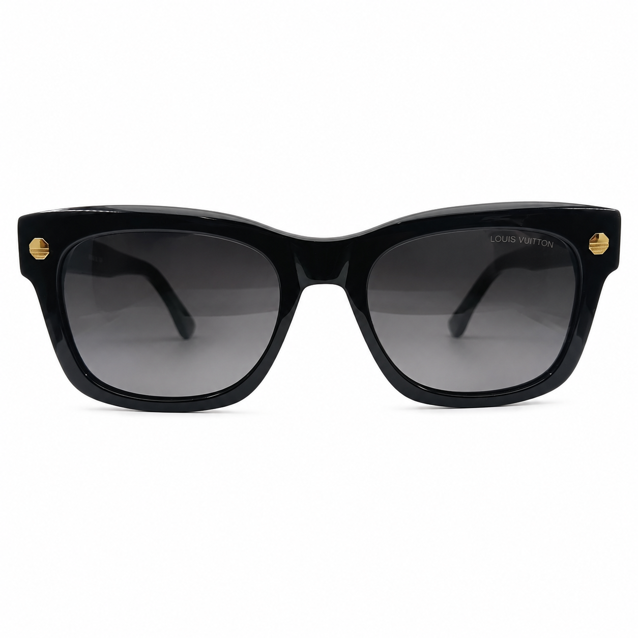 Louis Vuitton 1961 Luxury Square Sunglasses – Glossy Black Acetate with Gold LV Rivet Detail & Dark Grey Gradient UV Protection Lenses